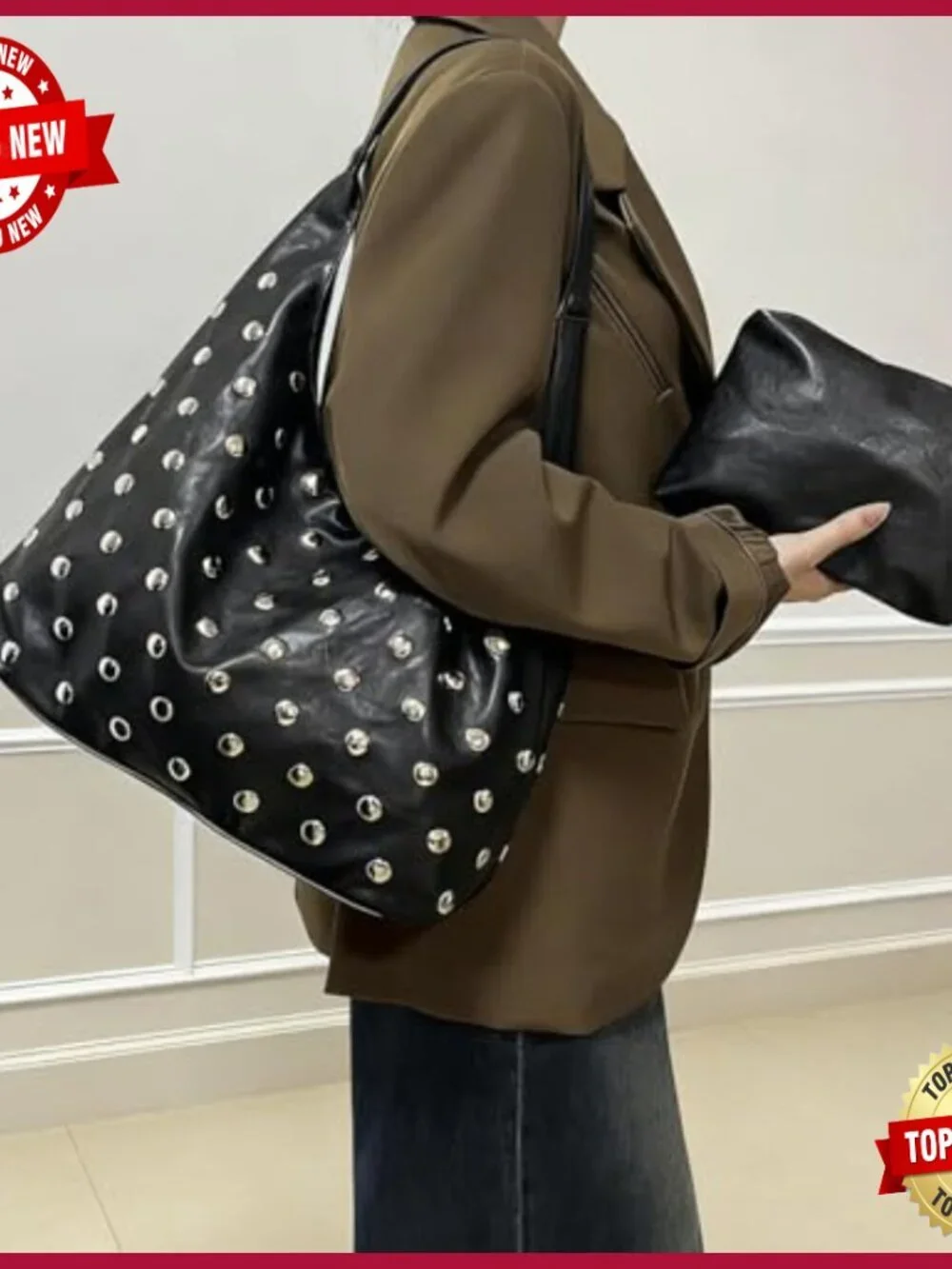 Studded Vegan Leather Hobo Tote Shoulder Bag Spacious Slouchy Purse